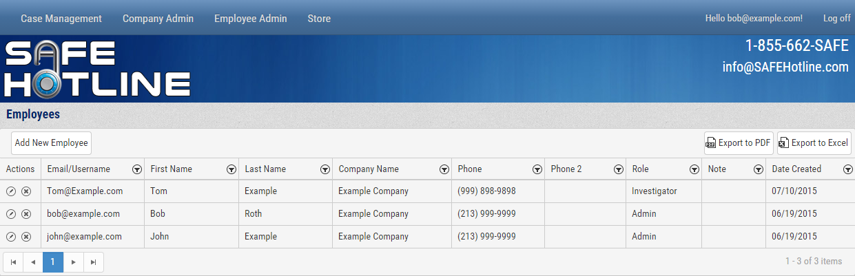 Safe Hotline Ethics Reporting Employee Admin Screenshot