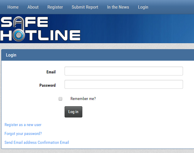 Safe Hotline Login Screenshot