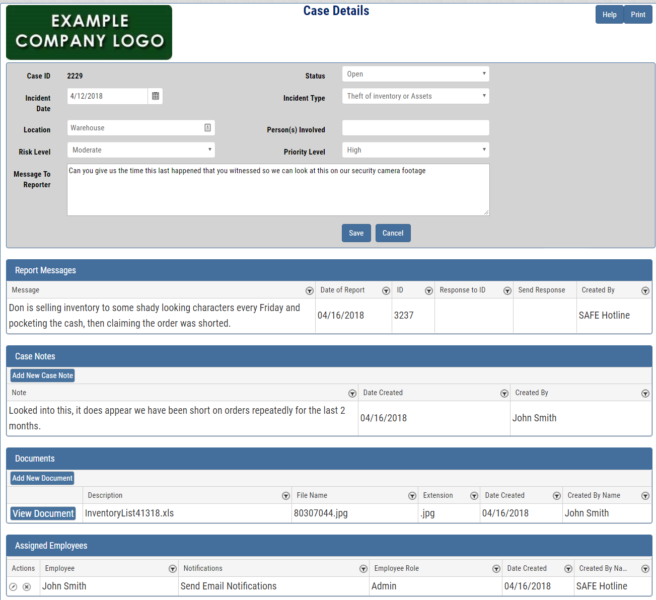 Safe Hotline Ethics Reporting Case Management Detail Screenshot