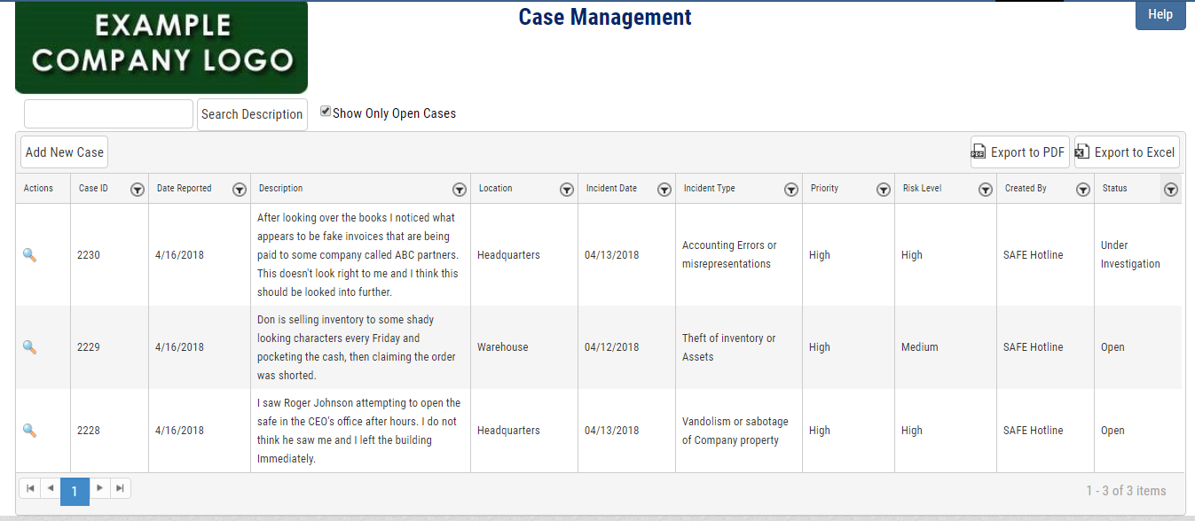Safe Hotline Ethics Reporting Case Management Summary Screenshot