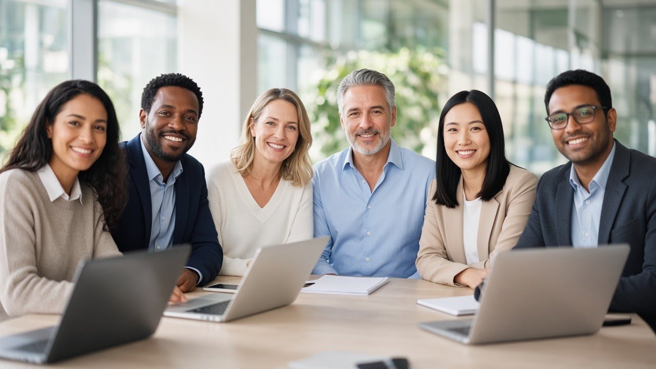 Diverse professionals at a conference table looking at the camera